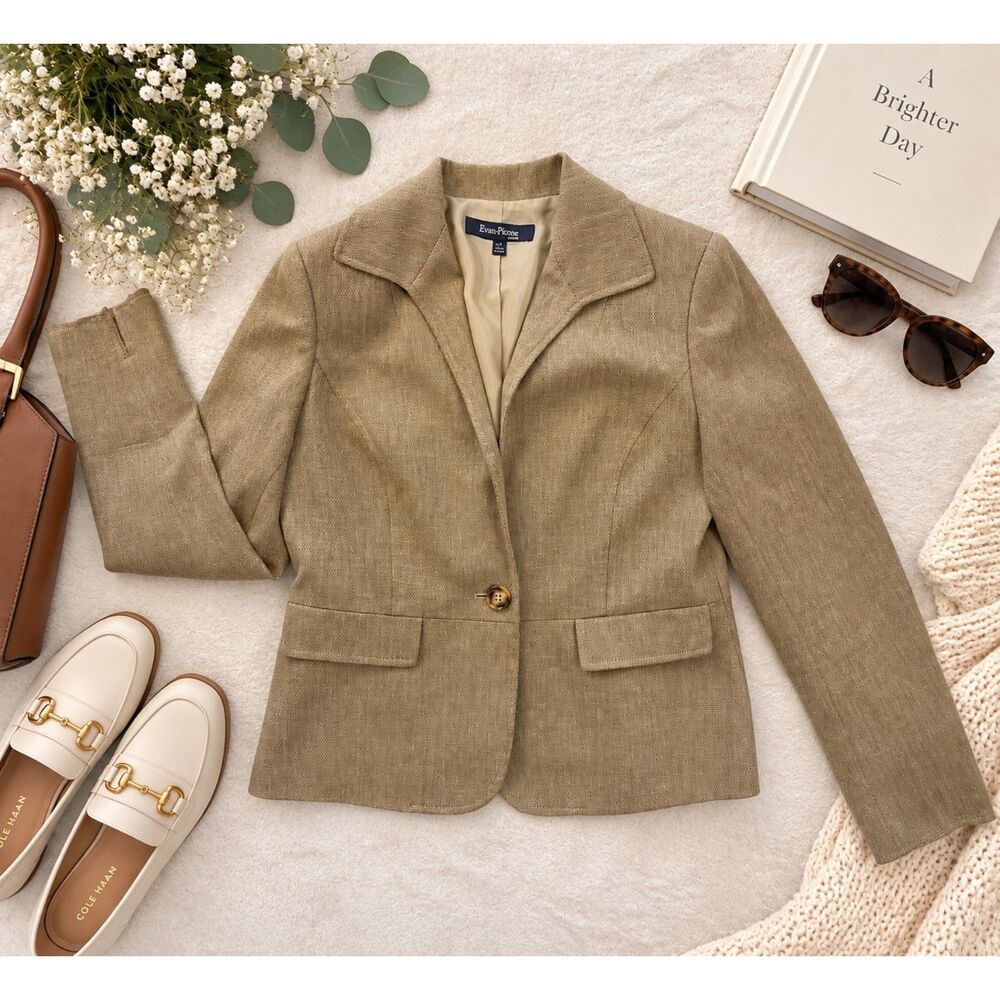 Evan-Picone Petite Linen Blend Tan Tailored Blazer Jacket SP